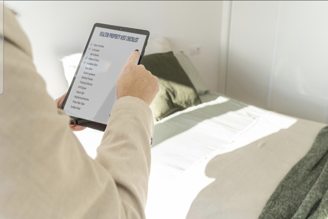 Property manager reviewing a property visit checklist on a tablet